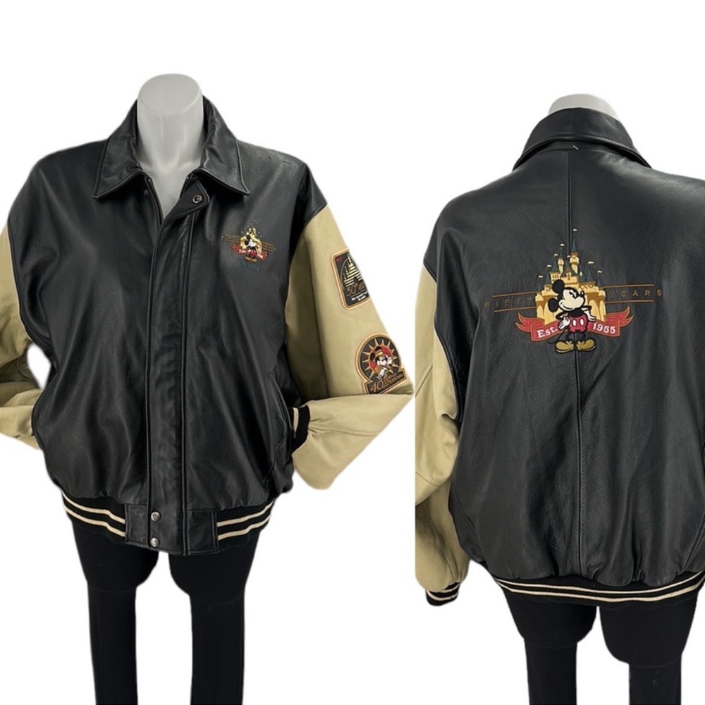 Disneyland 50th Anniversary leather jacket Black & Tan Bomber Style 2XL